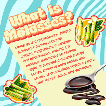 Spoonful of Better Than Honey organic molasses with sugarcane background – rich, earthy flavor made from 100% pure sugarcane juice.